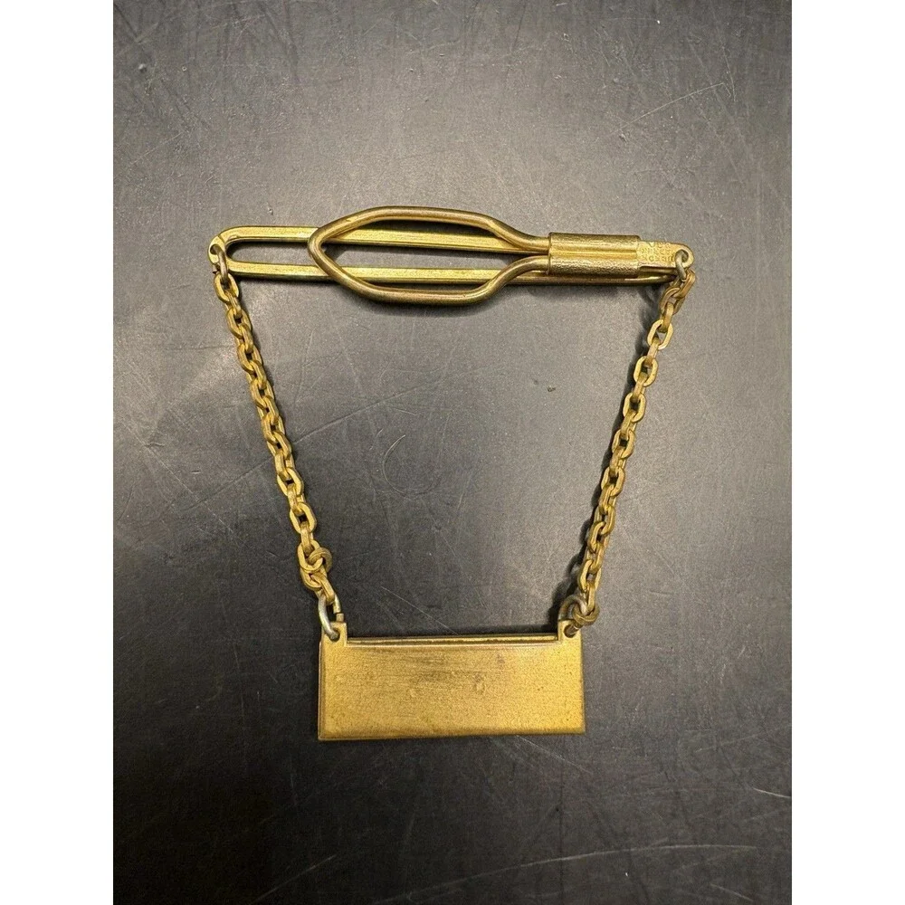 Vintage Hickok SWANK Tie Bar Clip with Chain “JCJ” Initials GOLD TONE